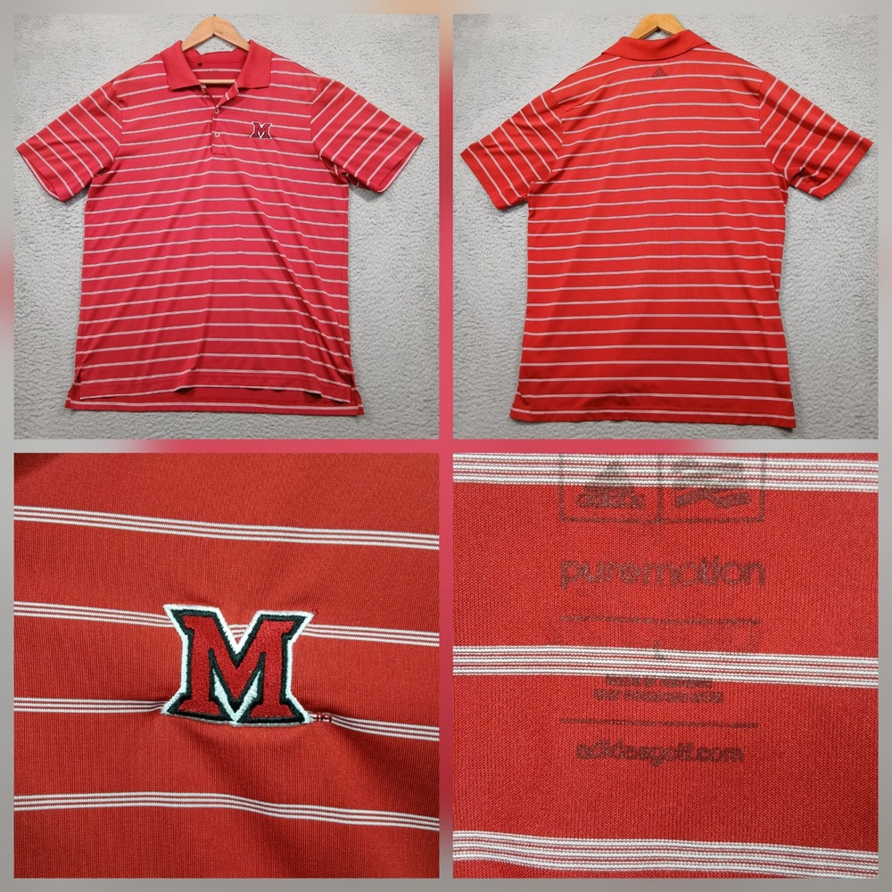 Adidas Puremotion Climacool Polo Shirt Mens L Red Striped‎ Miami "M" Logo